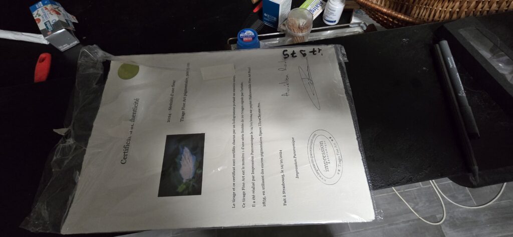 Exemple de certificat d'authenticité reçu par mon imprimeur